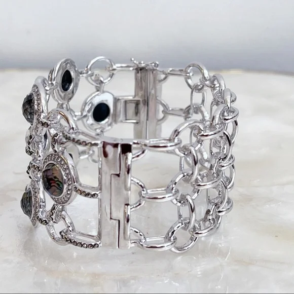 Silver Tone Hematite Labradorite CZ Cuff Bracelet